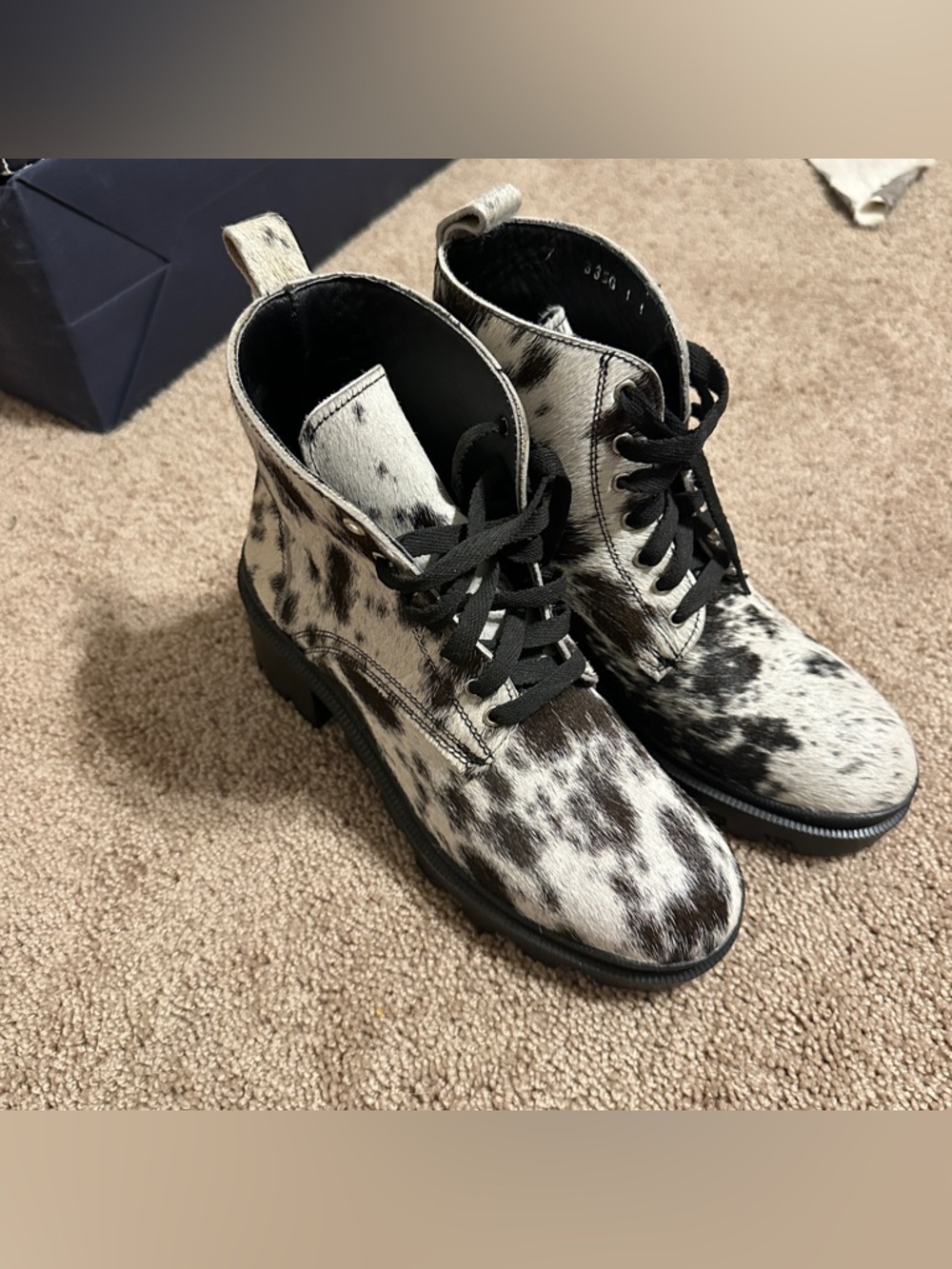 Women’s Black & White Faux Cowhide Lace-Up Ankle Booties